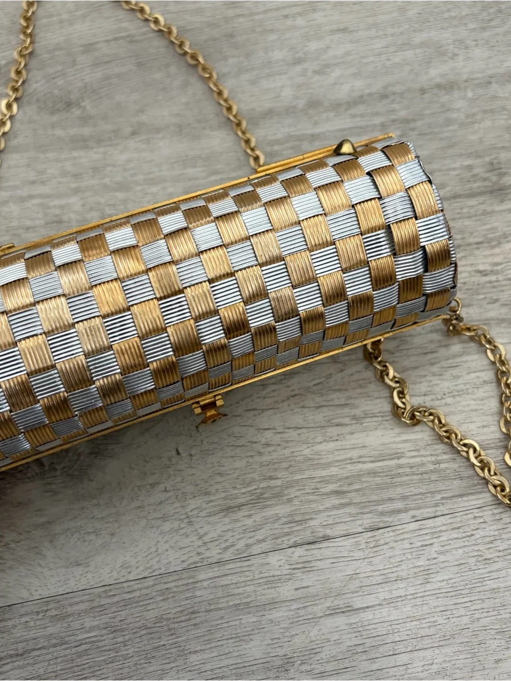 Vintage Walborg Hand Clutch Purse Gold Silver Woven Cylinder Bag Made in Italy